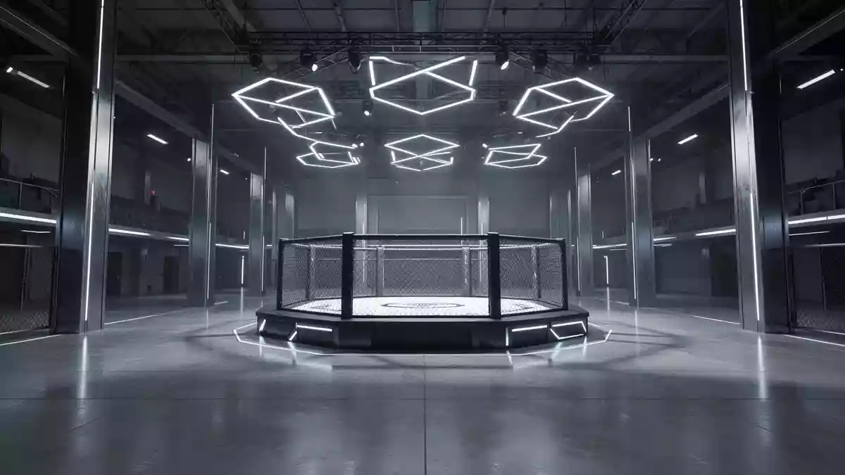 Eine weitläufige, moderne Arena mit einer leeren Kampfplattform und industrieller Beleuchtung. Illustration mit AI erstellt.