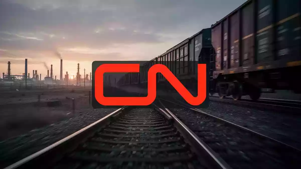 Ein Güterzug fährt in der Morgendämmerung durch eine weite Industrielandschaft, symbolisch für den Transportsektor. Illustration mit AI erstellt.