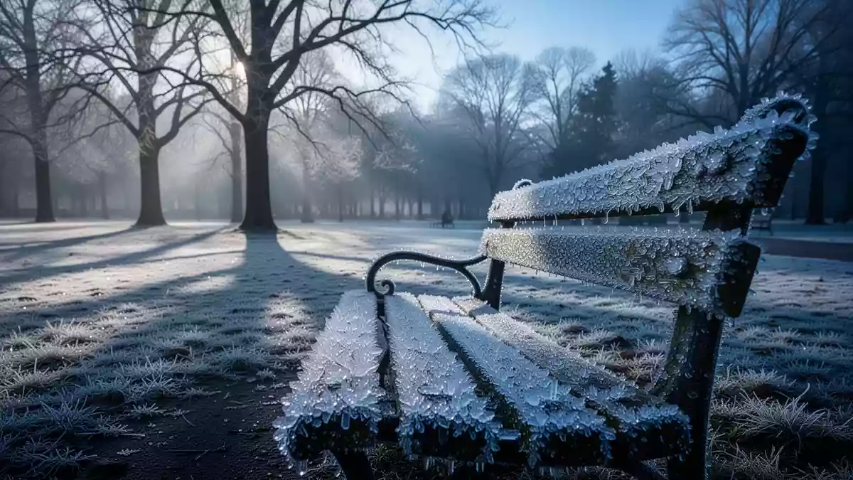 Verschneite, frostige Parklandschaft bei tiefstehender Morgensonne im Winter mit gefrorenen Oberflächen. Illustration mit AI erstellt.