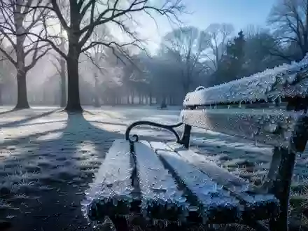 Verschneite, frostige Parklandschaft bei tiefstehender Morgensonne im Winter mit gefrorenen Oberflächen. - Foto: über boerse-global.de