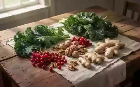 Frische, unverarbeitete Lebensmittel wie Grünkohl, Beeren und Ingwer auf einem Holztisch bei natürlichem Licht. - Foto: über boerse-global.de