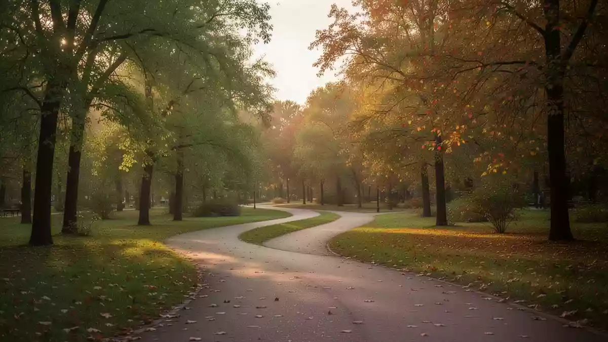 Ein geschwungener Parkweg im warmen Licht der Abendsonne, umgeben von Bäumen und herbstlichem Laub. Illustration mit AI erstellt.