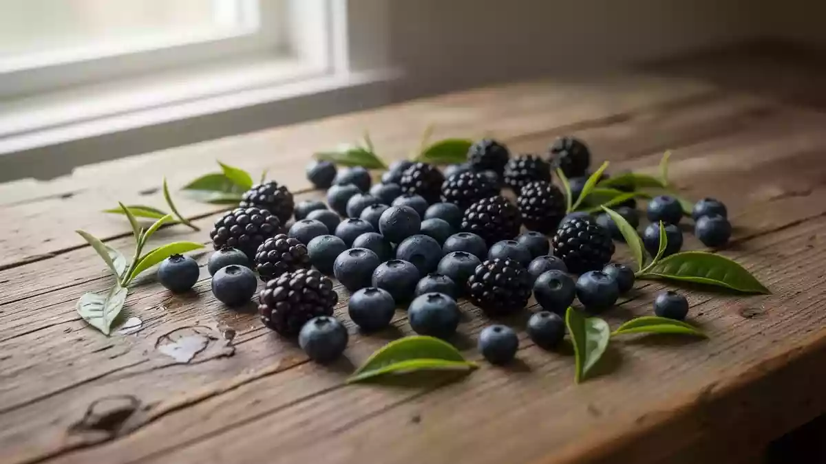 Frische Beeren und Teeblätter auf einem Holztisch bei natürlichem Morgenlicht. Illustration mit AI erstellt.