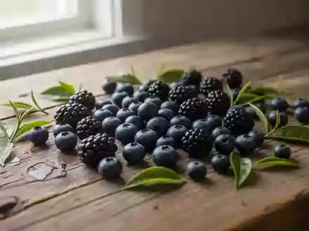 Frische Beeren und Teeblätter auf einem Holztisch bei natürlichem Morgenlicht. - Foto: über boerse-global.de