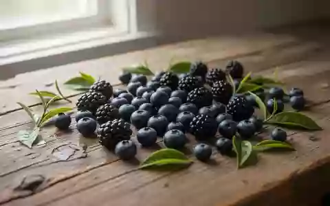 Frische Beeren und Teeblätter auf einem Holztisch bei natürlichem Morgenlicht. - Foto: über boerse-global.de