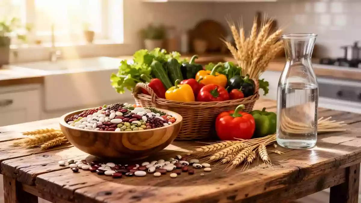 Ein hölzerner Tisch mit frischem Gemüse, Hülsenfrüchten und Vollkornprodukten in einer hellen, natürlichen Umgebung. Illustration mit AI erstellt.