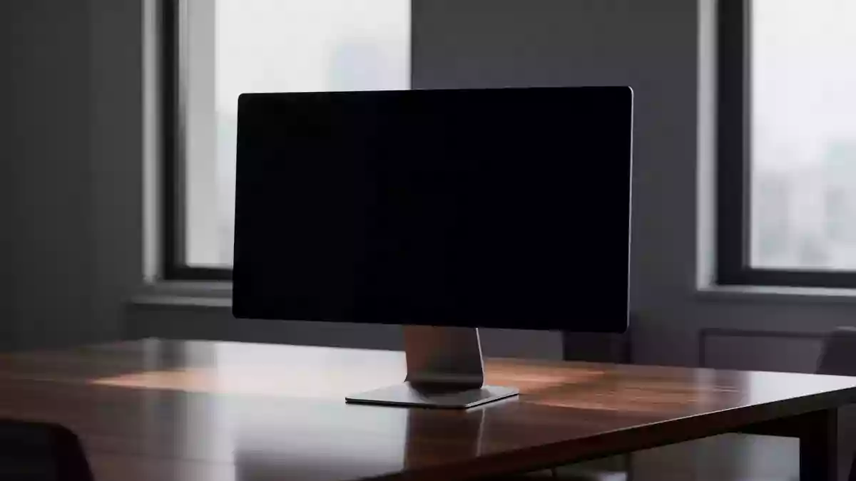 Ein minimalistischer, dunkel gehaltener Arbeitsplatz mit einem ausgeschalteten Monitor in einer ruhigen Büroumgebung. Illustration mit AI erstellt.