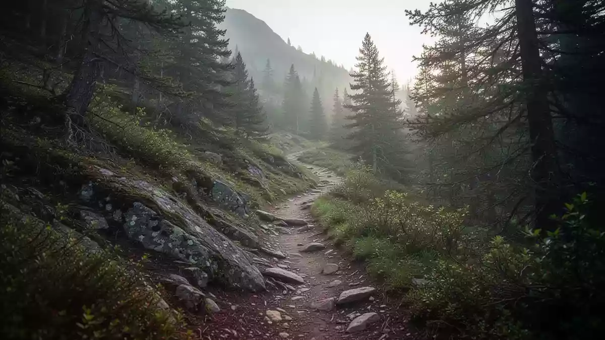 Ein steil ansteigender Waldpfad in einer Berglandschaft im weichen Licht des frühen Morgens. Illustration mit AI erstellt.