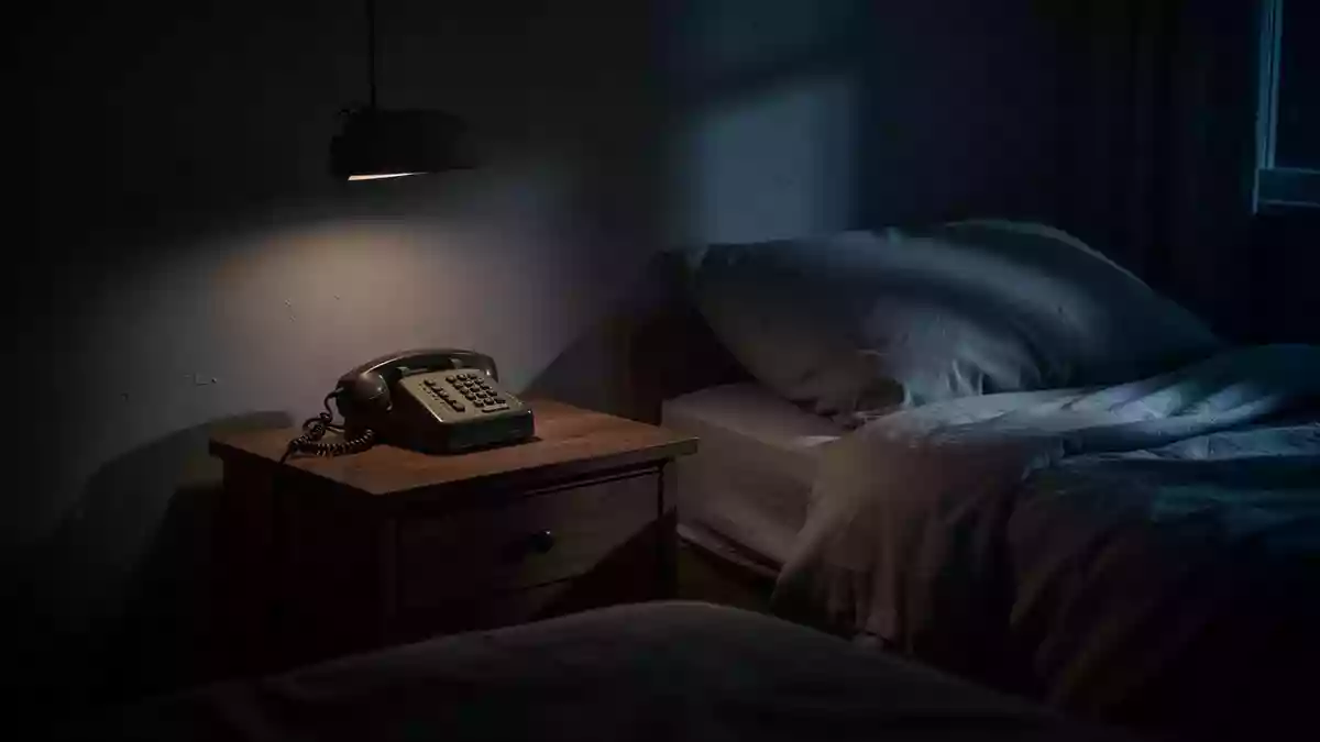 Ein nächtliches Schlafzimmer mit einem alten Telefon auf dem Nachttisch im gedimmten Licht. Illustration mit AI erstellt.