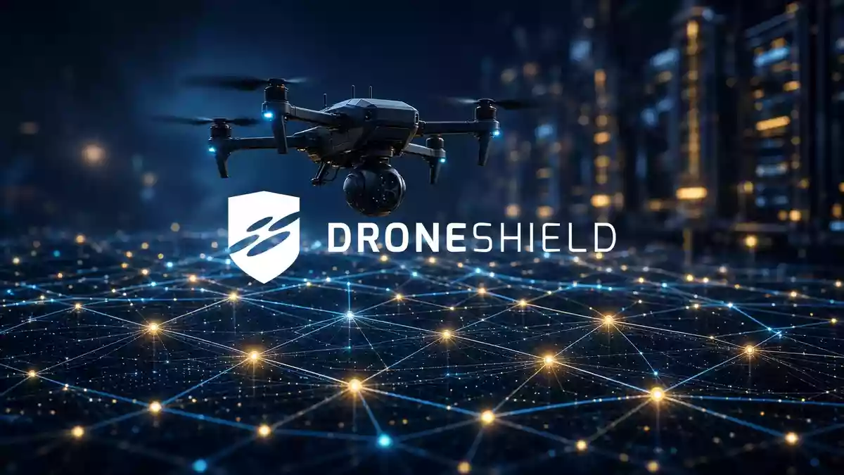 Hochmoderne Überwachungsdrohne über einem digitalen Datennetzwerk als Symbol für sicherheitsrelevante Abonnementservices Illustration mit AI erstellt.