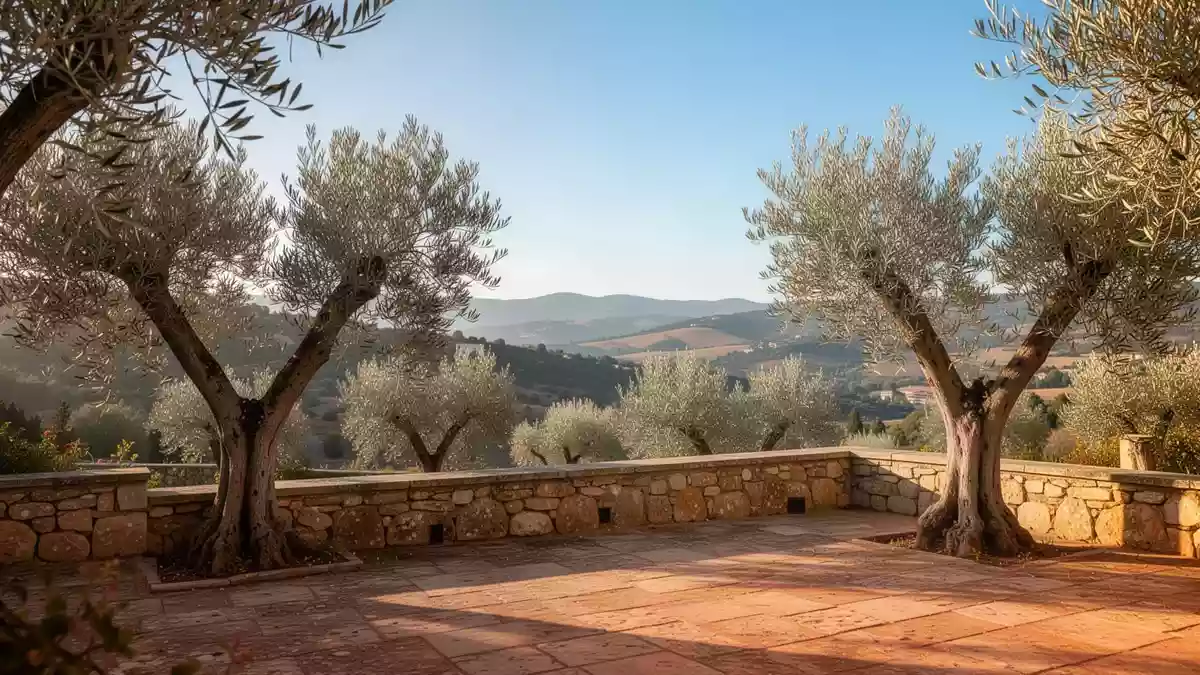 Eine sonnendurchflutete Steinterrasse mit Blick auf eine mediterrane Hügellandschaft und Olivenbäume. Illustration mit AI erstellt.