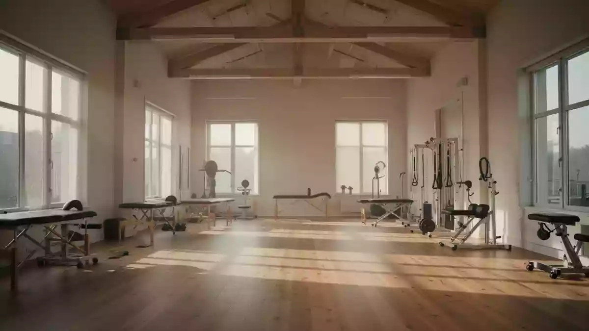 Ein minimalistisch gestalteter, lichtdurchfluteter Fitnessraum mit Holzboden ohne Personen. Illustration mit AI erstellt.