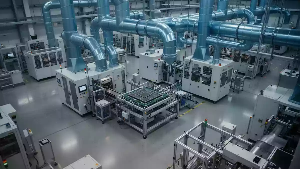 Industrielle Fertigungshalle für Halbleiter mit hochpräzisen Anlagen und kühler Beleuchtung. Illustration mit AI erstellt.