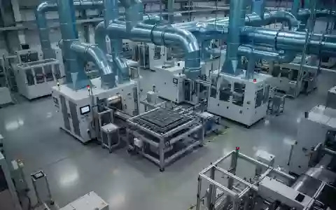 Industrielle Fertigungshalle für Halbleiter mit hochpräzisen Anlagen und kühler Beleuchtung. - Foto: über boerse-global.de