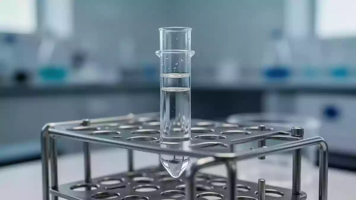 Eine Labor-Zentrifugenröhrchen mit einer klaren Flüssigkeit in einem sterilen, wissenschaftlichen Umfeld. Illustration mit AI erstellt.