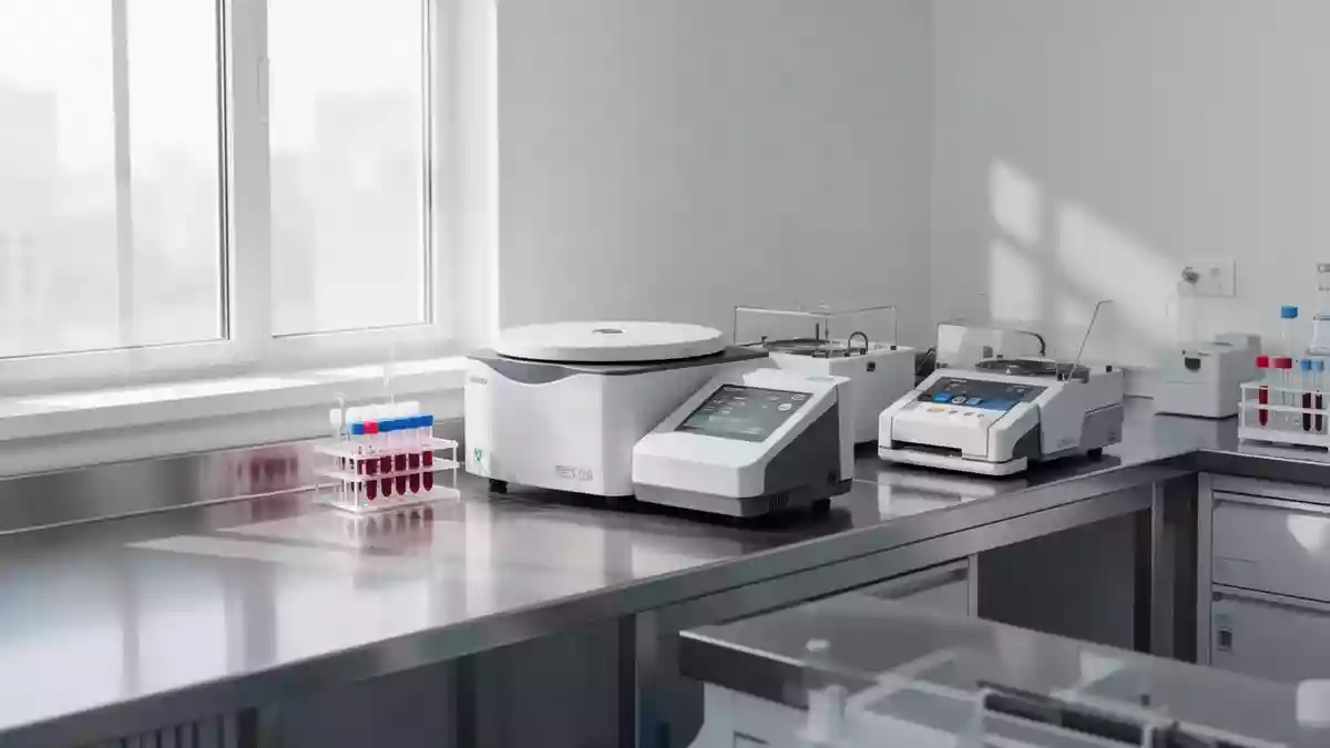Ein steriler, moderner medizinischer Laborraum mit Edelstahl-Arbeitsflächen und diagnostischen Analysegeräten. Illustration mit AI erstellt.