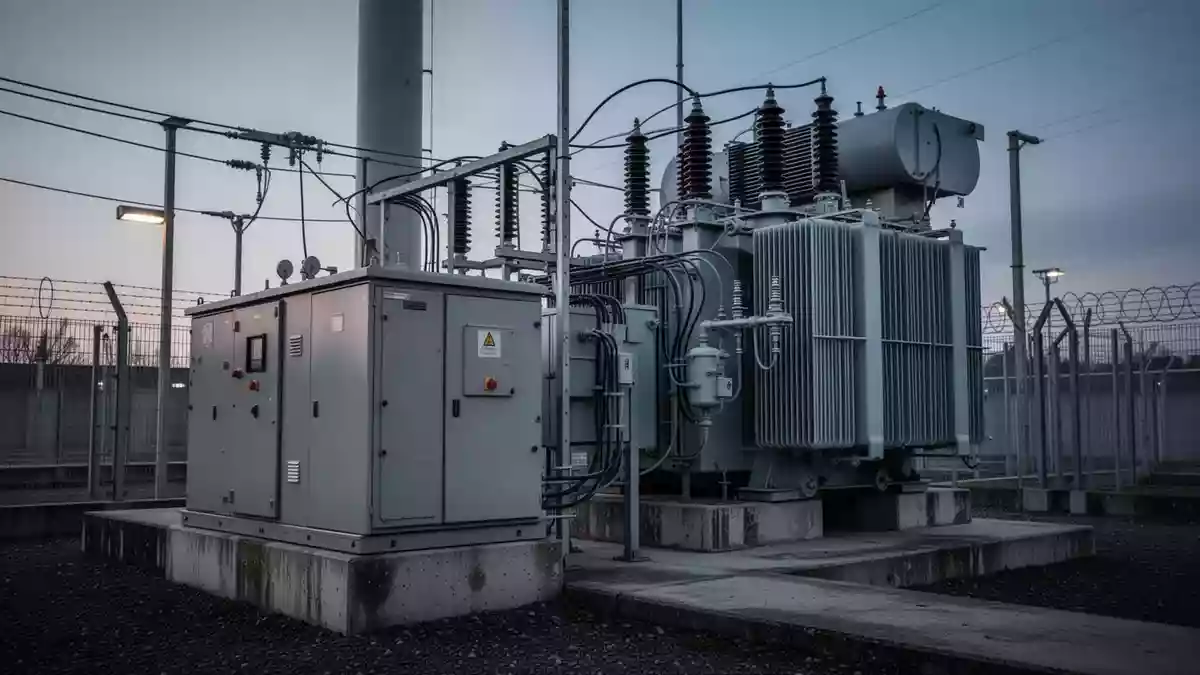 Industrielle Transformatorenstation in einer sterilen Umgebung bei Dämmerung zur Symbolisierung kritischer Infrastruktur. Illustration mit AI erstellt.