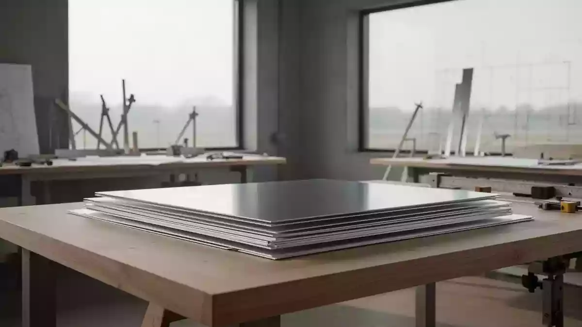 Ein minimalistisches Industriedesign-Studio mit Aluminiumplatten auf einem Holztisch bei natürlichem Morgenlicht. Illustration mit AI erstellt.