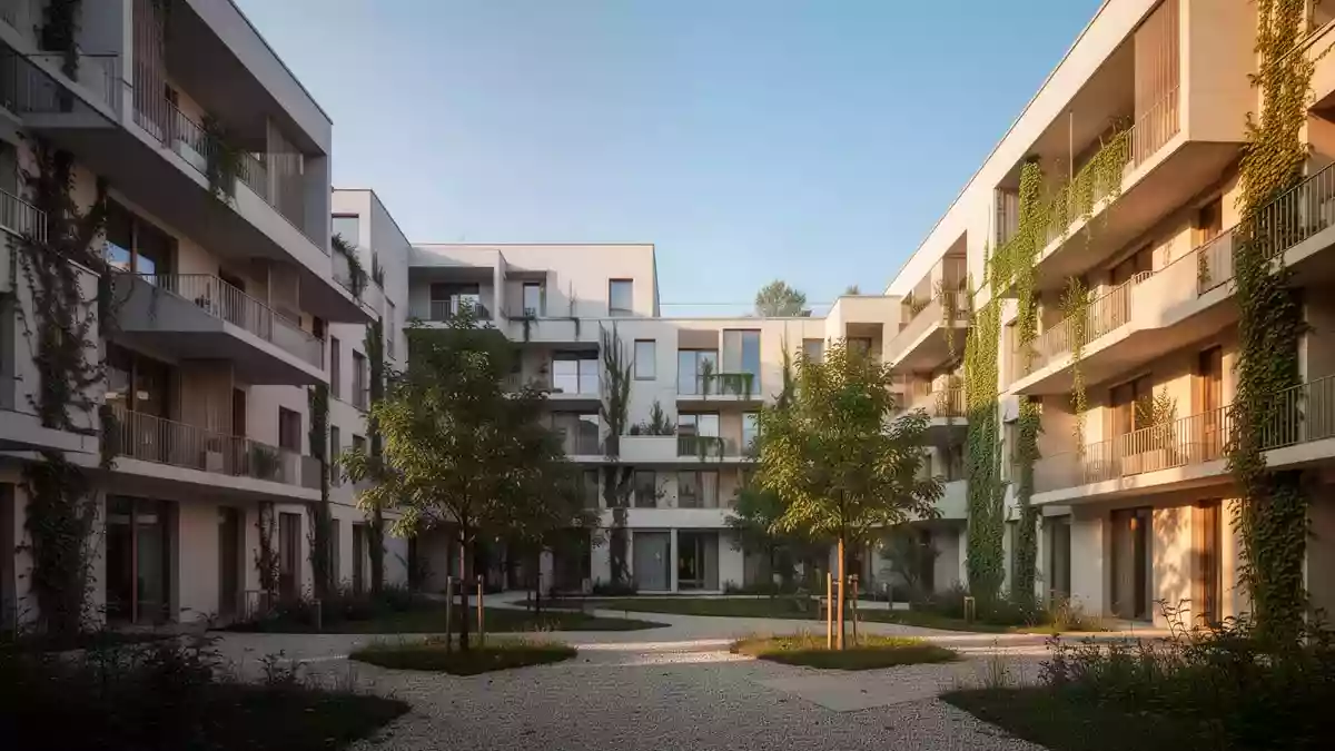 Ein moderner Gemeindebau in Wien mit begrünten Fassaden und einem gepflegten Innenhof bei Sonnenuntergang. Illustration mit AI erstellt.