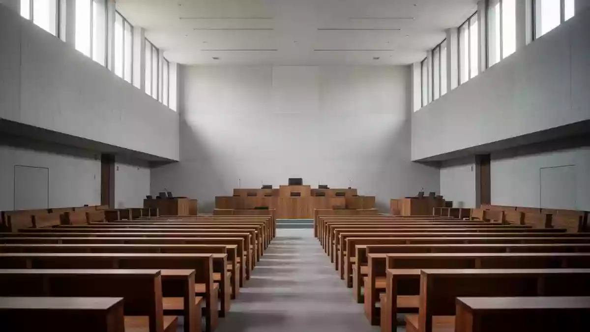 Ein leerer Plenarsaal mit hölzernen Sitzreihen und natürlichem Lichteinfall. Illustration mit AI erstellt.