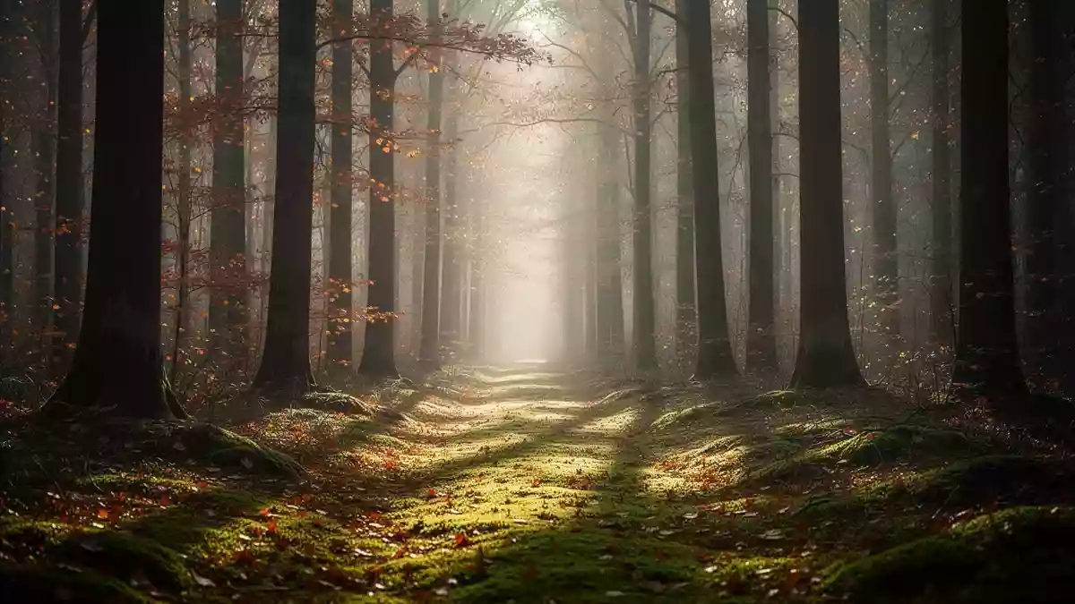 Ein sonnendurchfluteter Waldpfad im Herbst mit weichem Licht und Moosboden, der Ruhe und Entspannung vermittelt. Illustration mit AI erstellt.