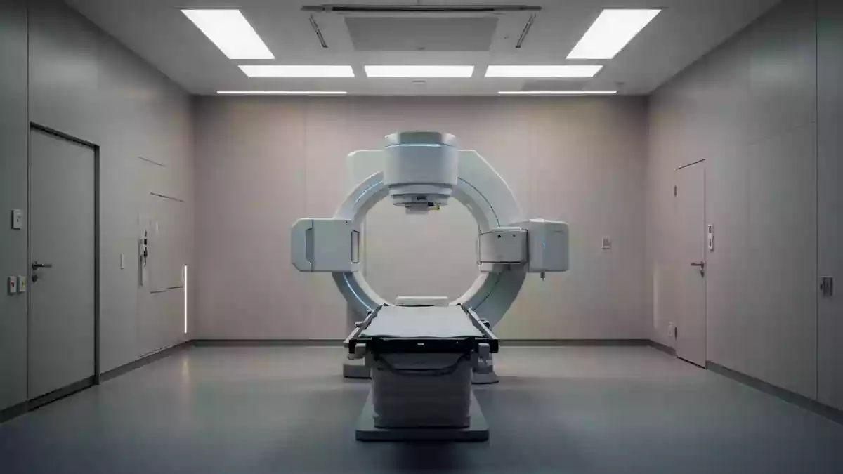 Ein klinischer Behandlungsraum für Strahlentherapie mit einem modernen Linearbeschleuniger in einer ruhigen, sterilen Umgebung. Illustration mit AI erstellt.