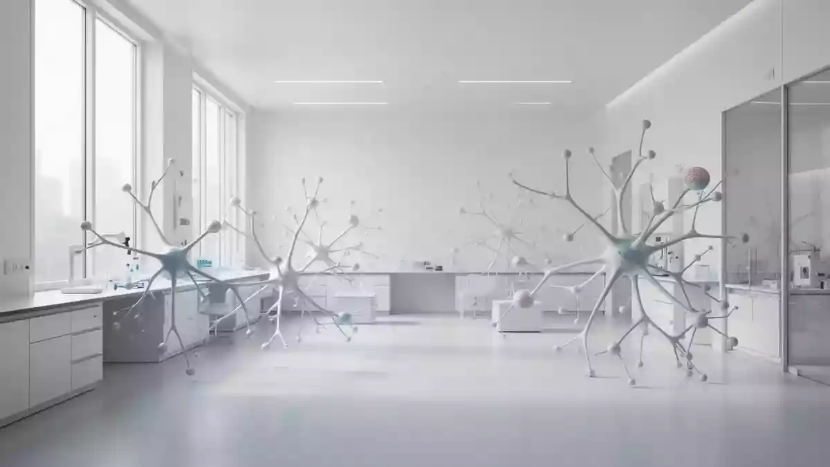 Ein minimalistischer, heller Forschungsraum mit abstrakten Skulpturen, die neuronale Verbindungen symbolisieren. Illustration mit AI erstellt.