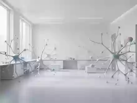 Ein minimalistischer, heller Forschungsraum mit abstrakten Skulpturen, die neuronale Verbindungen symbolisieren. - Foto: über boerse-global.de