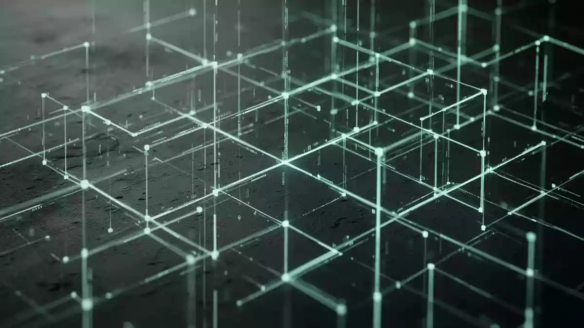 Abstraktes, leuchtendes geometrisches Gittermuster auf dunklem Hintergrund zur Darstellung digitaler Sicherheitsprozesse. Illustration mit AI erstellt.