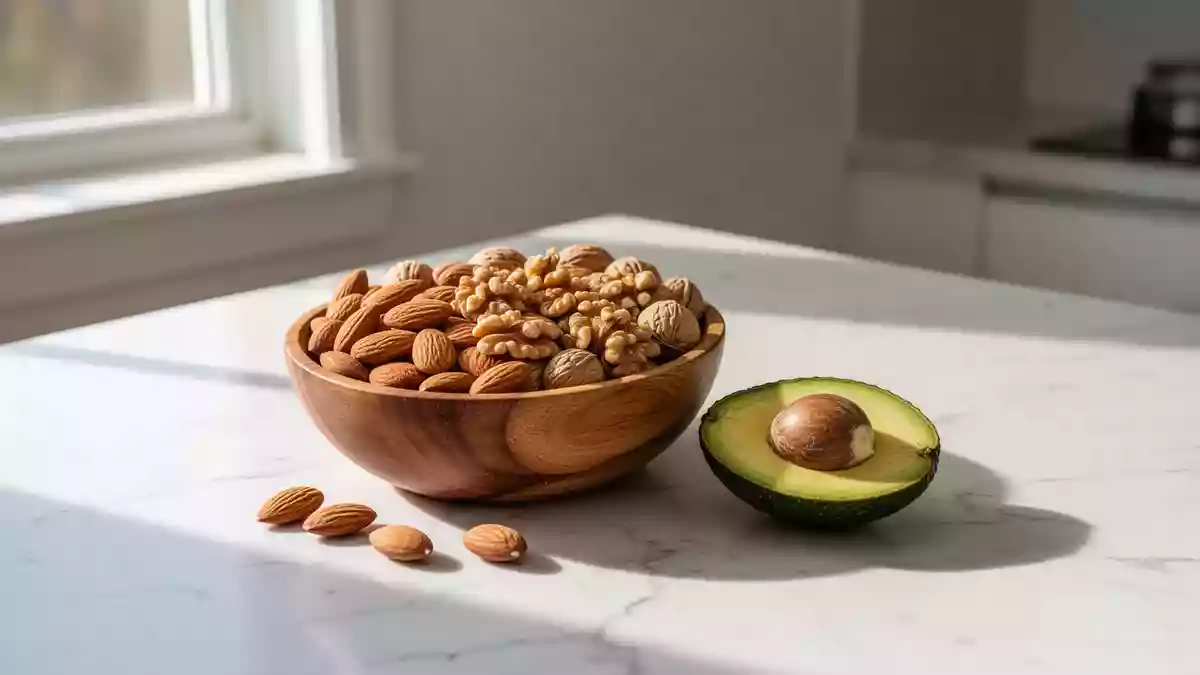 Eine Schale mit Nüssen und eine aufgeschnittene Avocado auf einer hellen Küchenarbeitsplatte bei natürlichem Tageslicht. Illustration mit AI erstellt.