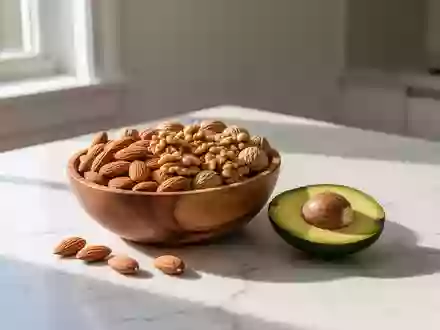 Eine Schale mit Nüssen und eine aufgeschnittene Avocado auf einer hellen Küchenarbeitsplatte bei natürlichem Tageslicht. - Foto: über boerse-global.de