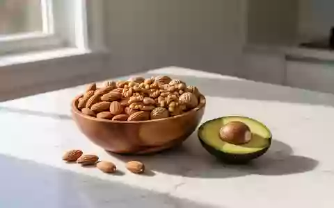 Eine Schale mit Nüssen und eine aufgeschnittene Avocado auf einer hellen Küchenarbeitsplatte bei natürlichem Tageslicht. - Foto: über boerse-global.de