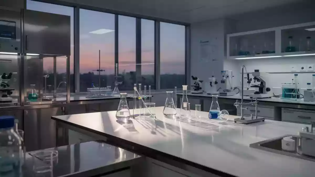 Modernes, steriles medizinisches Forschungslabor mit Laborgeräten und Edelstahloberflächen bei natürlichem Licht. Illustration mit AI erstellt.