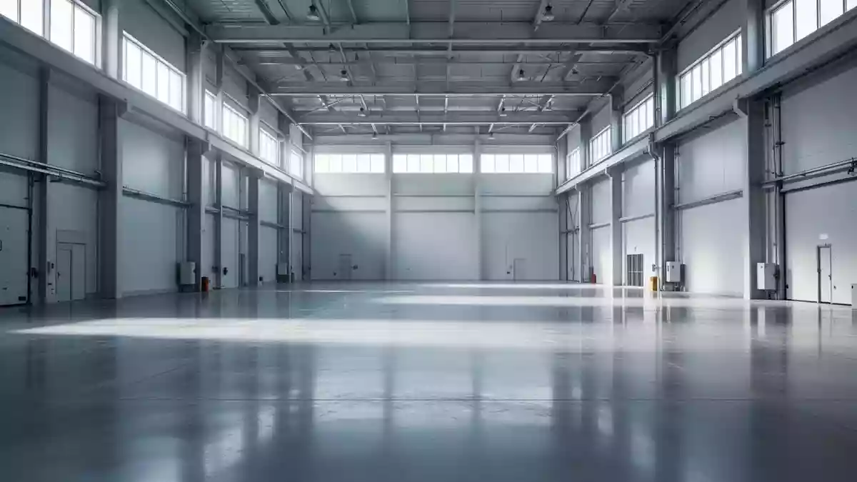 Eine weitläufige, moderne Industriehalle mit minimalistischer Architektur und natürlichem Lichteinfall. Illustration mit AI erstellt.