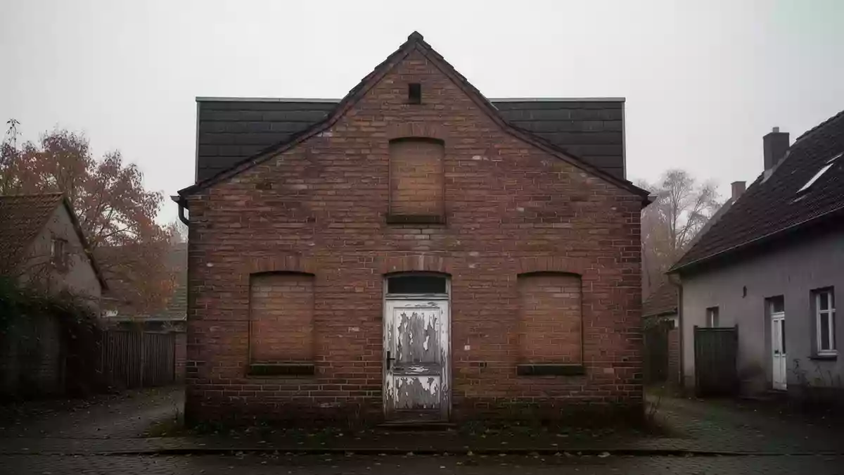 Ein leerstehendes Wohngebäude mit verwitterter Fassade und geschlossener Tür in einer ruhigen Umgebung. Illustration mit AI erstellt.