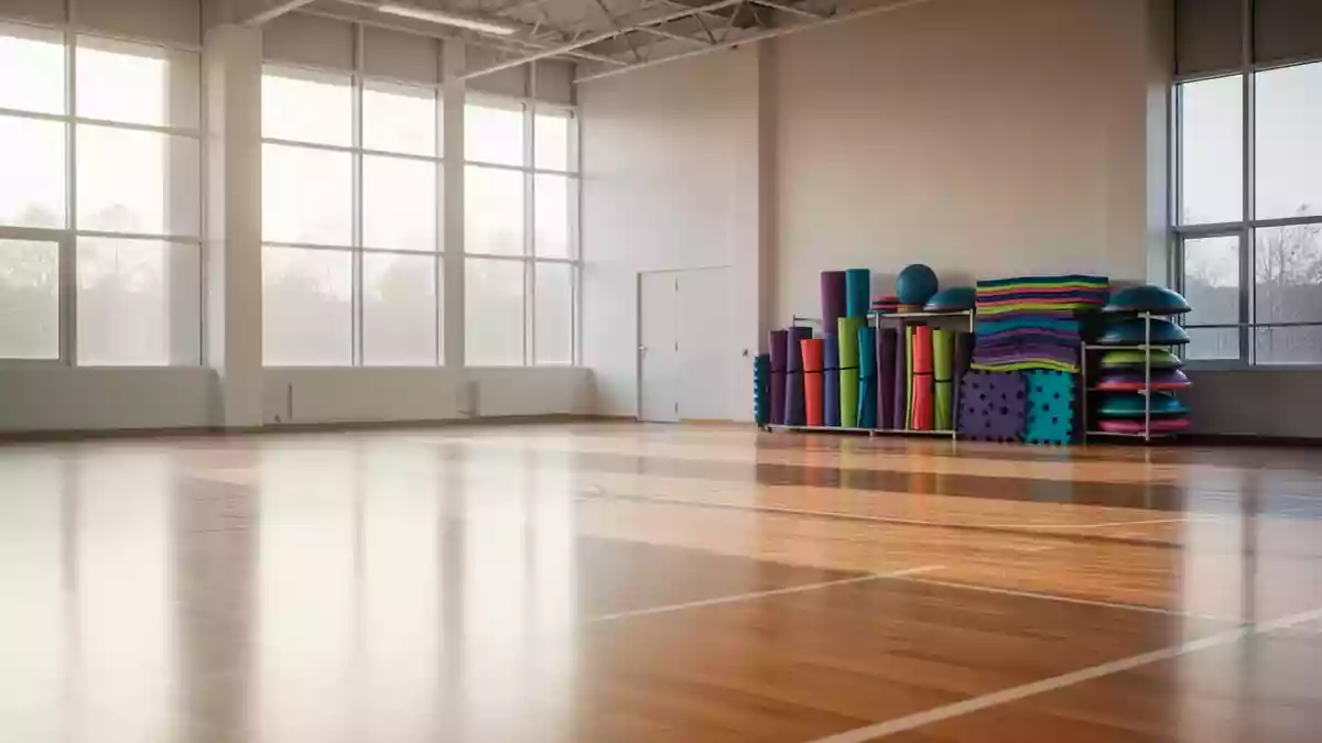 Ein heller, moderner Sportraum mit Holzboden, großen Fenstern und ordentlich gestapelten Sportmatten in einer Sporthalle. Illustration mit AI erstellt.