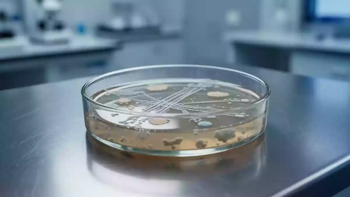 Ein steriles Labor-Petrischälchen mit Bakterienkulturen auf einem metallischen Labortisch in einer klinischen Umgebung. Illustration mit AI erstellt.
