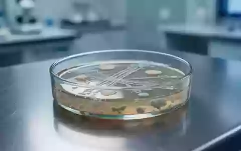Ein steriles Labor-Petrischälchen mit Bakterienkulturen auf einem metallischen Labortisch in einer klinischen Umgebung. - Foto: über boerse-global.de