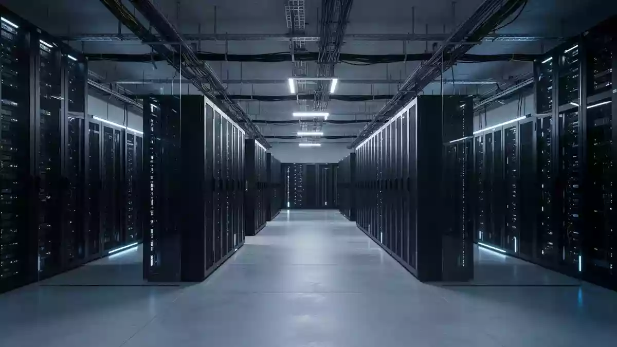 Moderne, minimalistische Server-Infrastruktur in einem klimatisierten Rechenzentrum mit blauer Beleuchtung. Illustration mit AI erstellt.