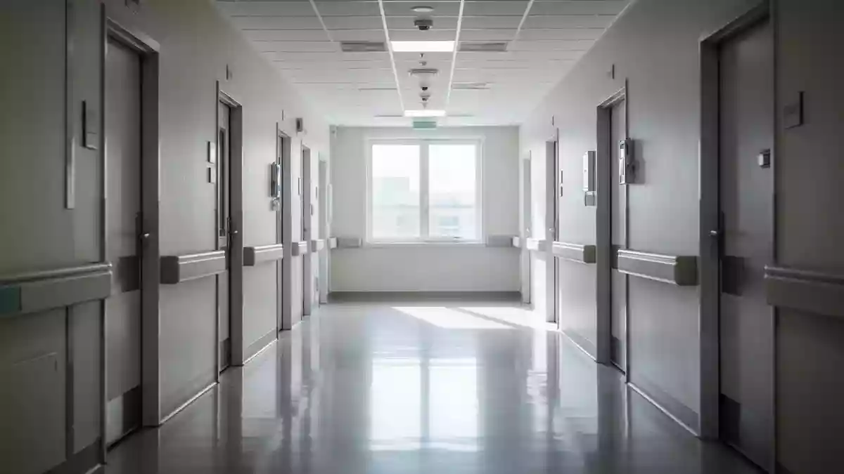 Ein heller, menschenleerer Krankenhausflur mit moderner Architektur und einfallendem Tageslicht. Illustration mit AI erstellt.