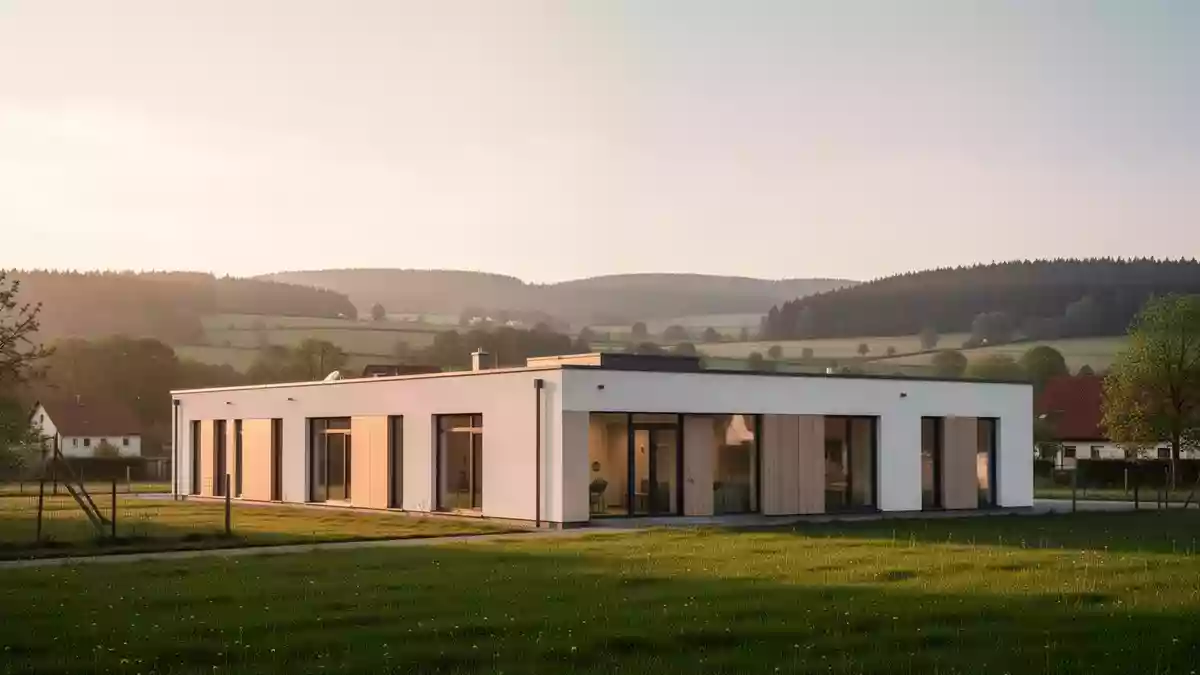 Modernes Gesundheitszentrum in einer ruhigen Thüringer Hügellandschaft bei Sonnenuntergang. Illustration mit AI erstellt.