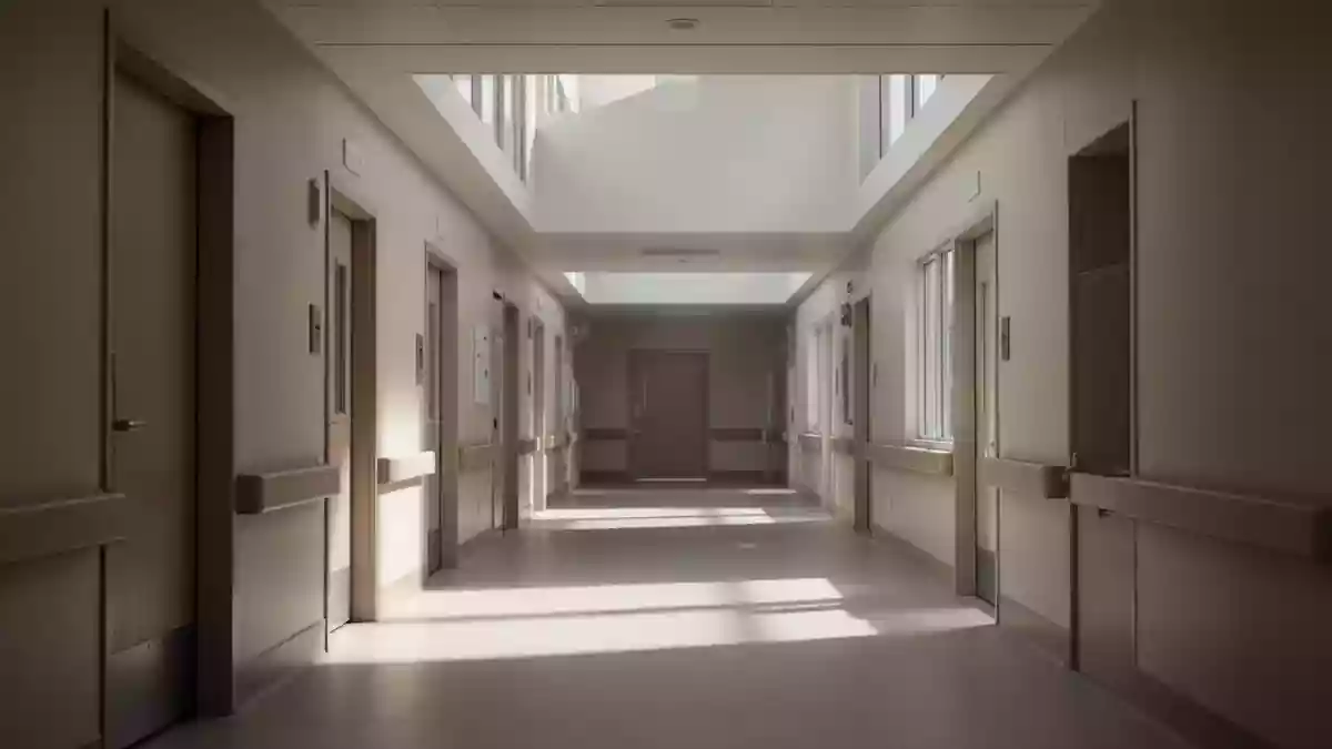 Ein minimalistischer, leerer Krankenhausflur mit weichem Tageslicht und neutralen Farben. Illustration mit AI erstellt.