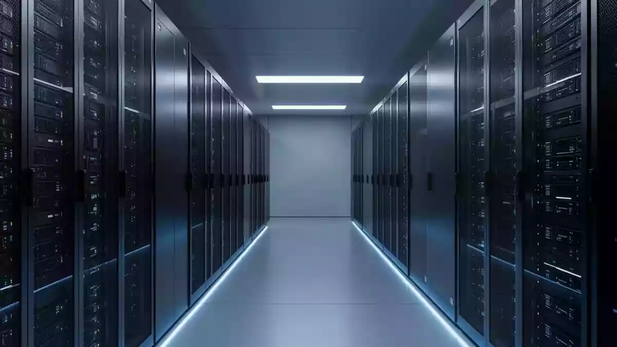 Moderne, dunkle Server-Infrastruktur in einem minimalistischen, architektonisch gestalteten Rechenzentrum. Illustration mit AI erstellt.