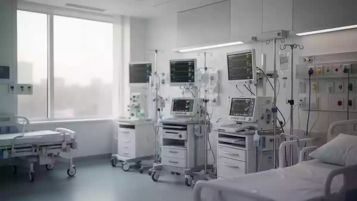Ein minimalistischer, klinischer Raum einer modernen Intensivstation mit medizinischer Ausrüstung in neutralem Licht. Illustration mit AI erstellt.