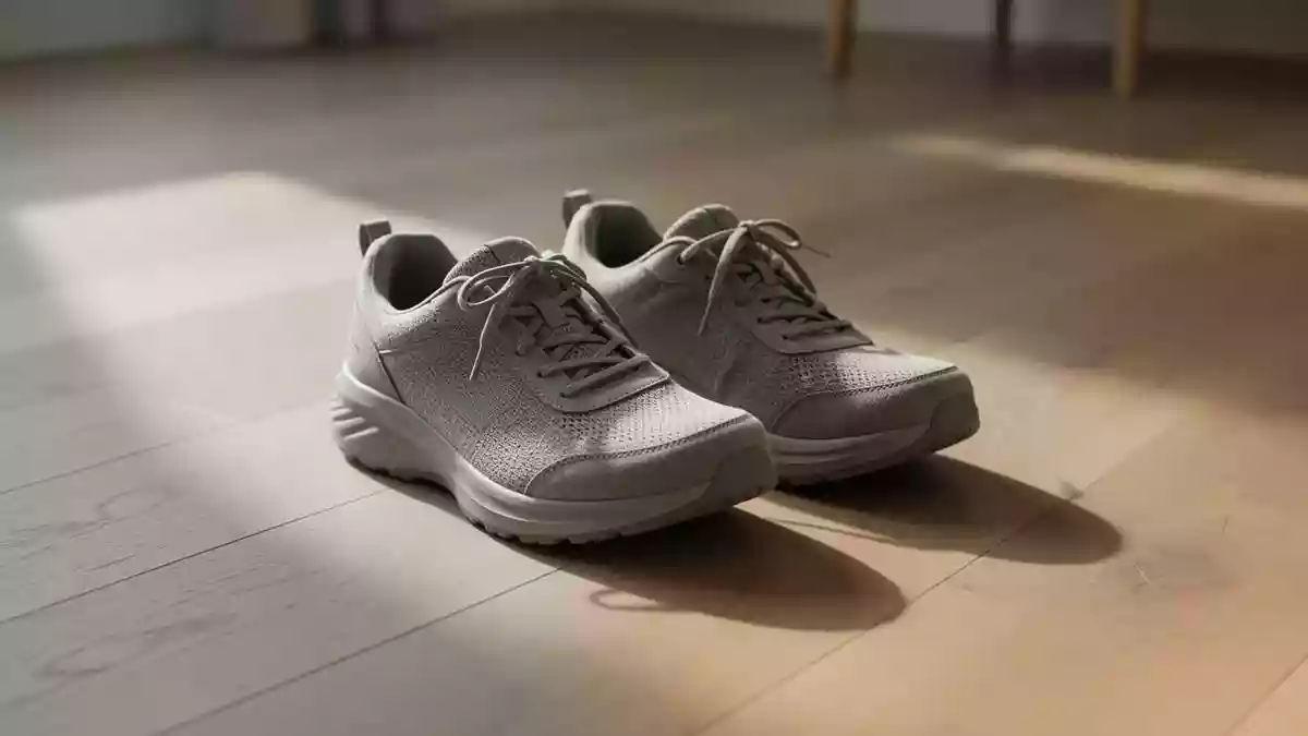 Ein Paar bequeme Laufschuhe steht auf einem hellen Holzboden in einem lichtdurchfluteten Raum. Illustration mit AI erstellt.