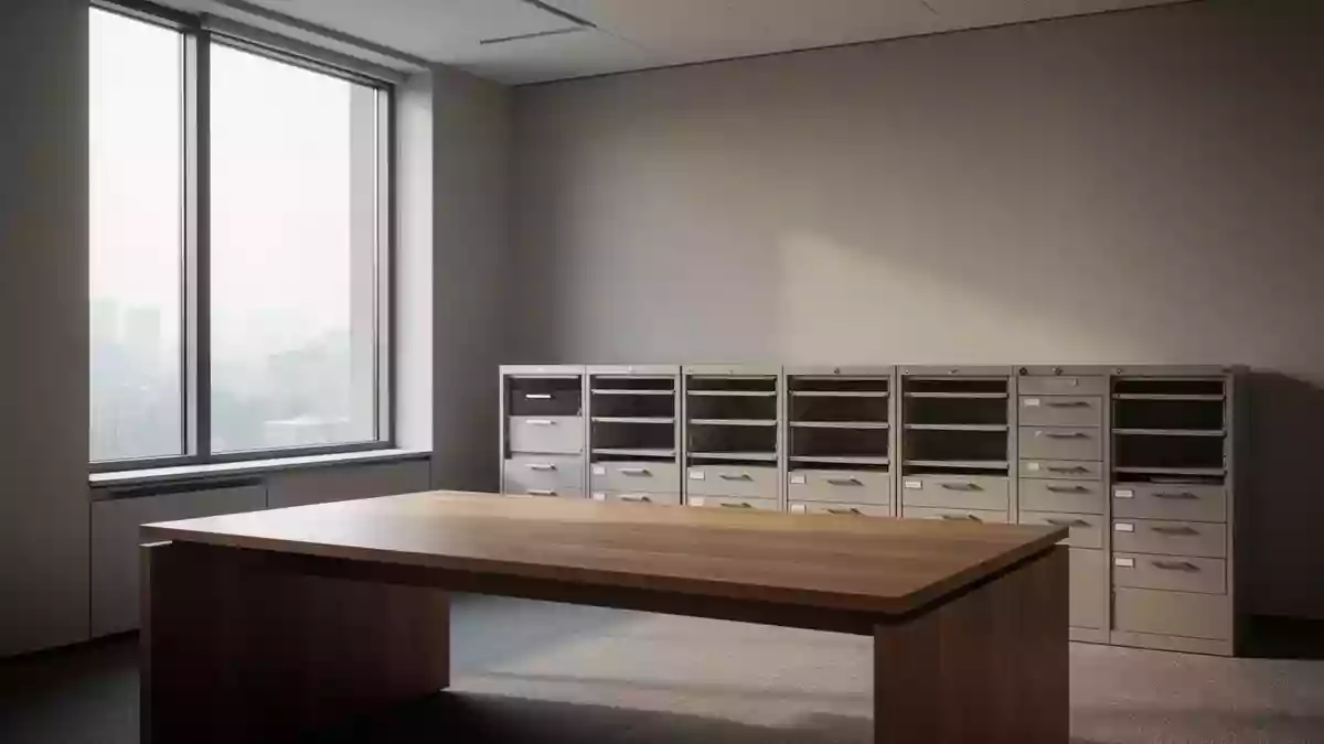 Ein minimalistisches, helles Büro mit einem leeren Schreibtisch und Aktenschränken im Hintergrund. Illustration mit AI erstellt.