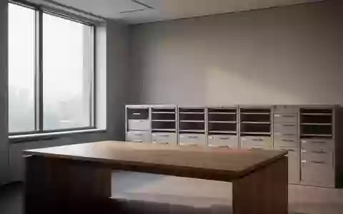 Ein minimalistisches, helles Büro mit einem leeren Schreibtisch und Aktenschränken im Hintergrund. - Foto: über boerse-global.de