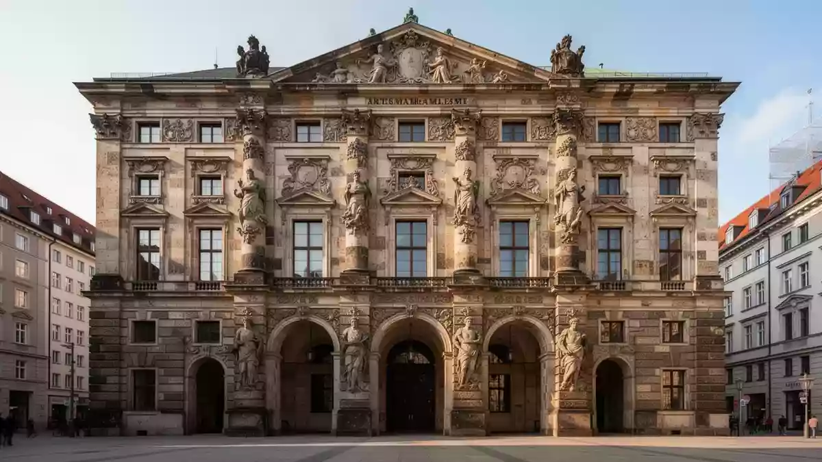 Die historische Fassade der Alten Akademie in der Münchner Innenstadt bei Tageslicht. Illustration mit AI erstellt.