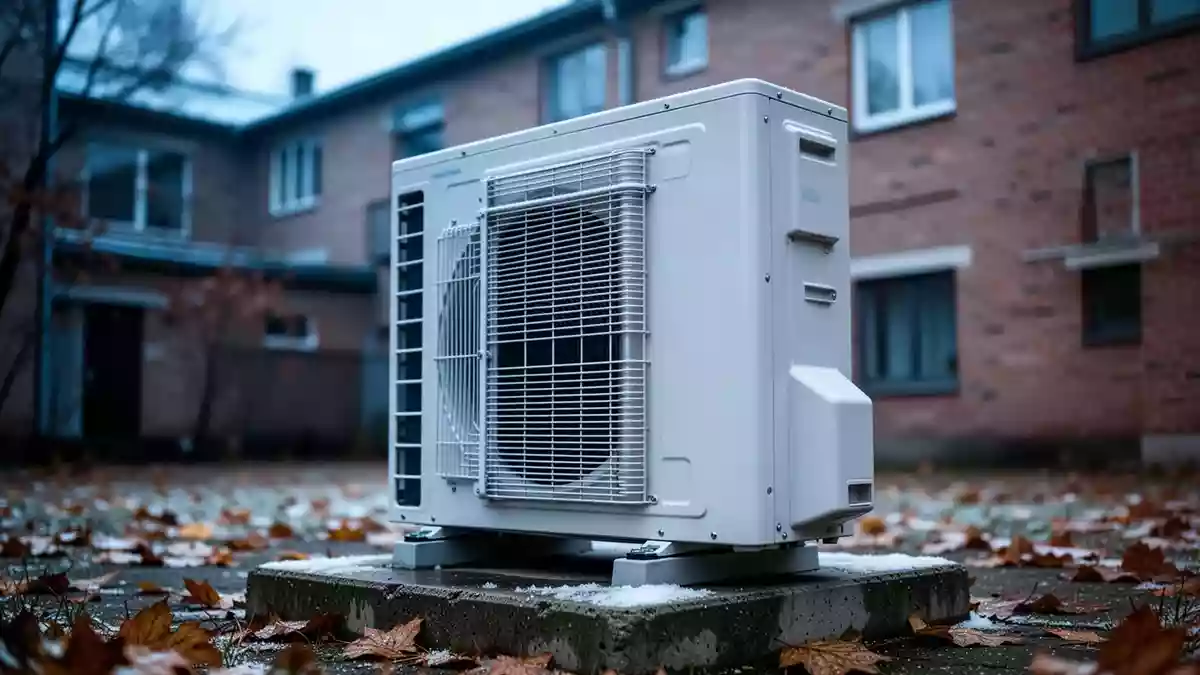 Eine moderne Wärmepumpe steht bei kühlem Herbstwetter vor einer Wohnhausfassade. Illustration mit AI erstellt.