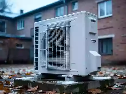 Eine moderne Wärmepumpe steht bei kühlem Herbstwetter vor einer Wohnhausfassade. - Foto: über boerse-global.de